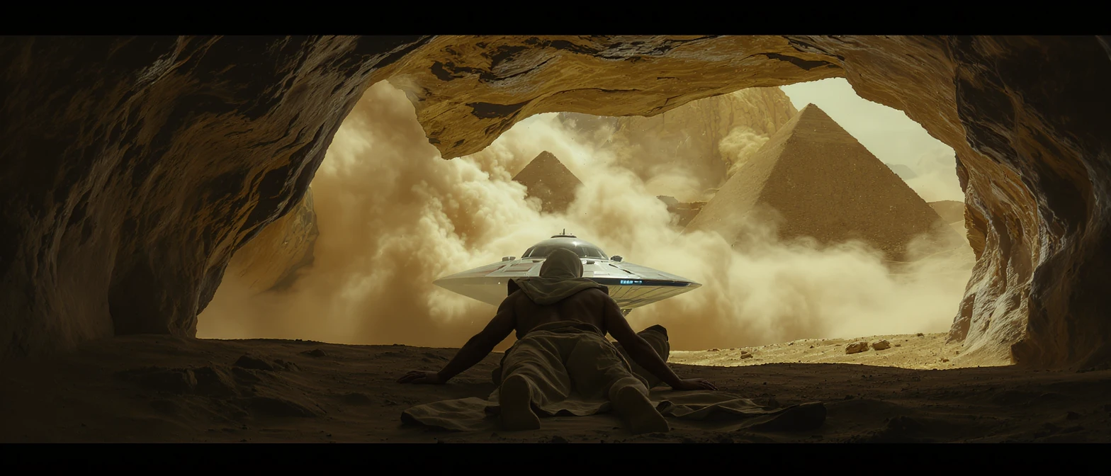 cinematic still, documentary photography, acient egypt, back shot of a man dress in ancient clothes in cave (frame in frame effect) on ground laying front of small ufo starship, sand flying around, palms, dynamic scane, leading lines, captured by arri alexa, depth layers, piramids in babckground emoji