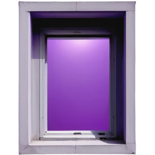 Minimalist gray concrete panel building, slight ghetto vibe, one window with bright purple ultraviolet light for growing plants, simple rectangular shape, stark and bare emoji