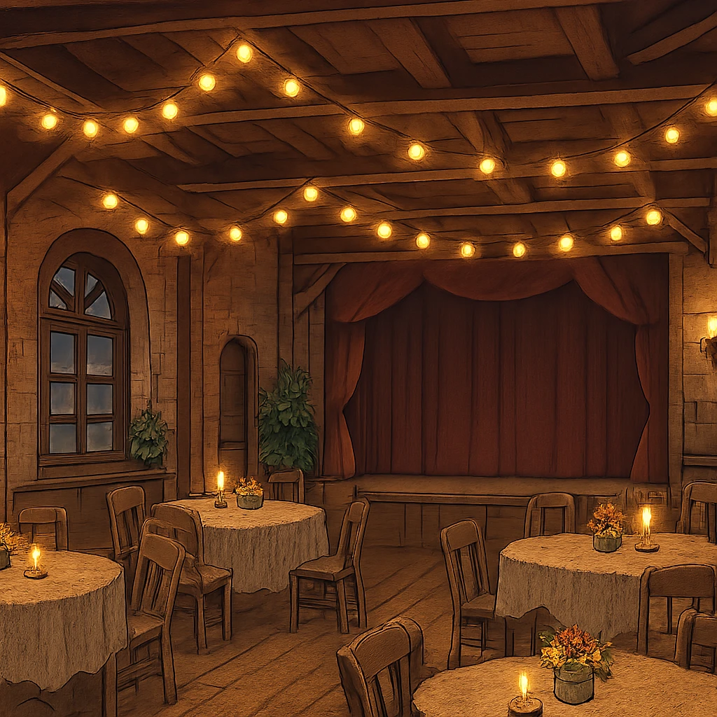 ghibli style cozy event venue, warm lighting emoji