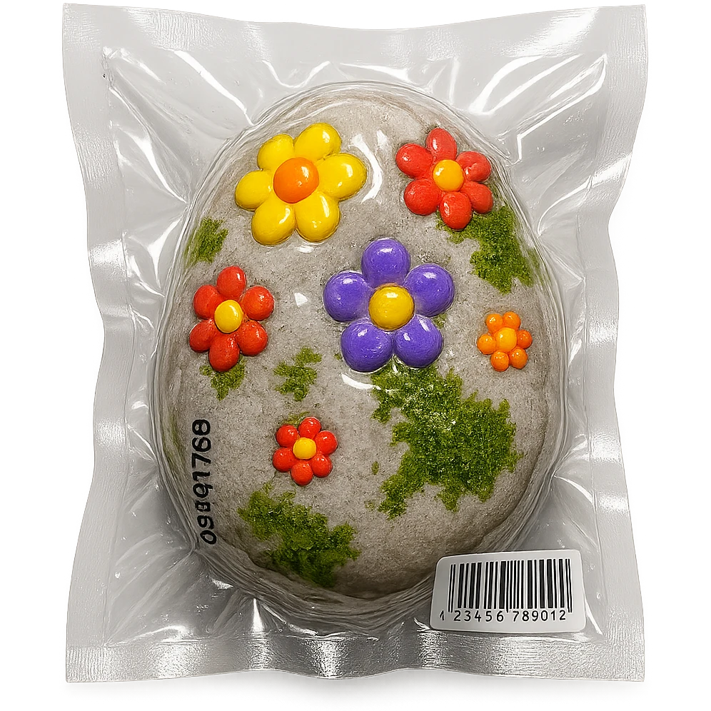 light gray stone with small colorful flowers and green moss, glossy and puffy emoji