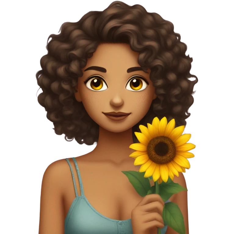 Pretty tan skin Latina with long dark curly hair . Very pretty cat eye makeup . Shes holding a sunflower in her hand  emoji