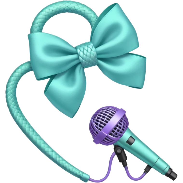 A pastel blue bow with a pastel a pastel green snake at the top of one side and a pastel purple microphone on the bottom of the other side of the bow emoji