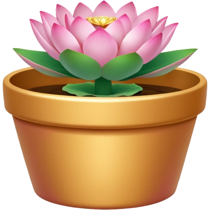 Gold-colored ceramic flower pot; it is shallow and cylindrical, and contains a lotus flower plant.
 emoji