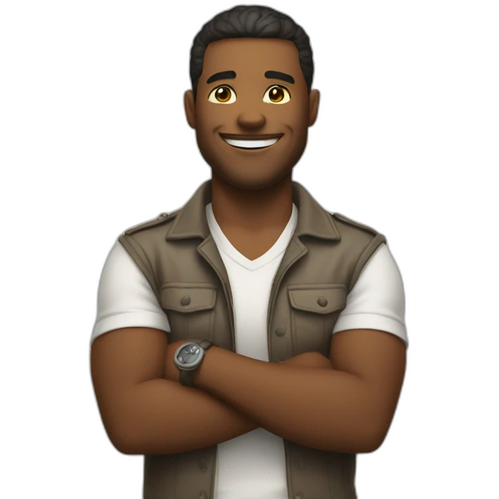 Proud man with his hands crossed, smile on his face, and a swag emoji