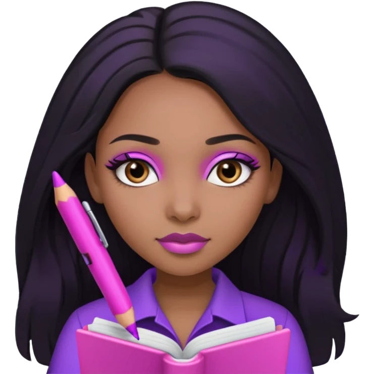 Une fille noir au cheveux lisse qui est entrain d’écrire avec un stylo rose sur un cahier violet cheveux long et lisse avec des jolis yeux et un beau makeup emoji