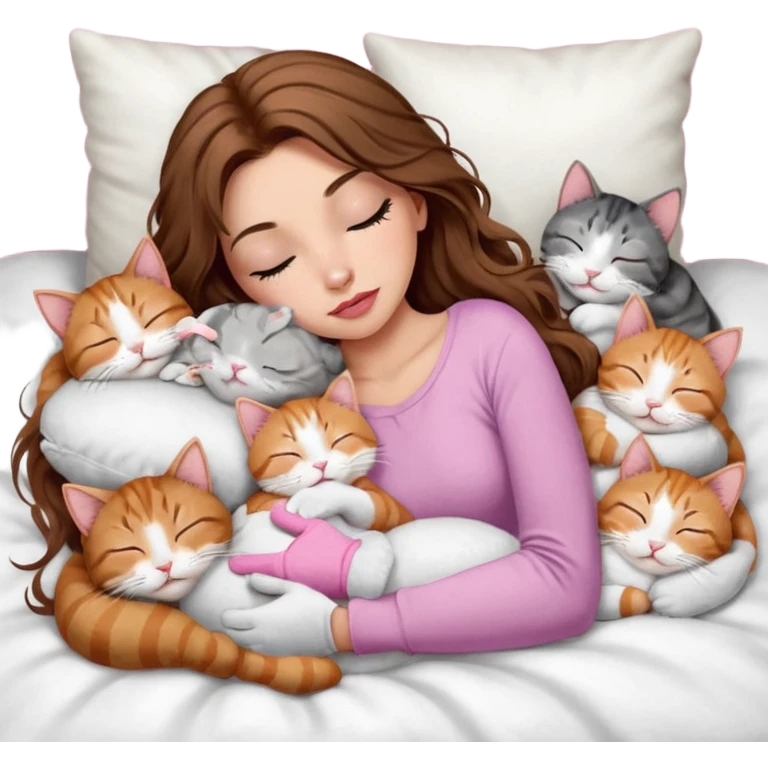 girl with long wavy brown hair, brown eyes, long lashes makeup, sexy pink lips, light to medium complexion,  sleeping on a cozy pillow, with 6 cats: 1 brown and white tabby cat, 1 ginger and white, 2 grey and white, 1 grey with white mittens and small white patch on chest and 1 calico, sleeping emoji