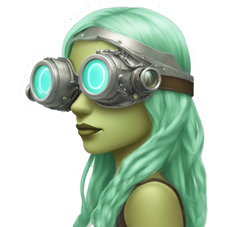 Pastel green long haired female cyborg head with silver steampunk goggles emoji
