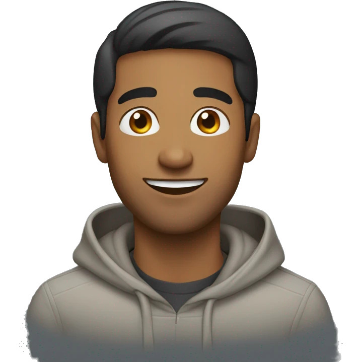 Brown man with straight hair and no facial hair and happy with hoodie emoji