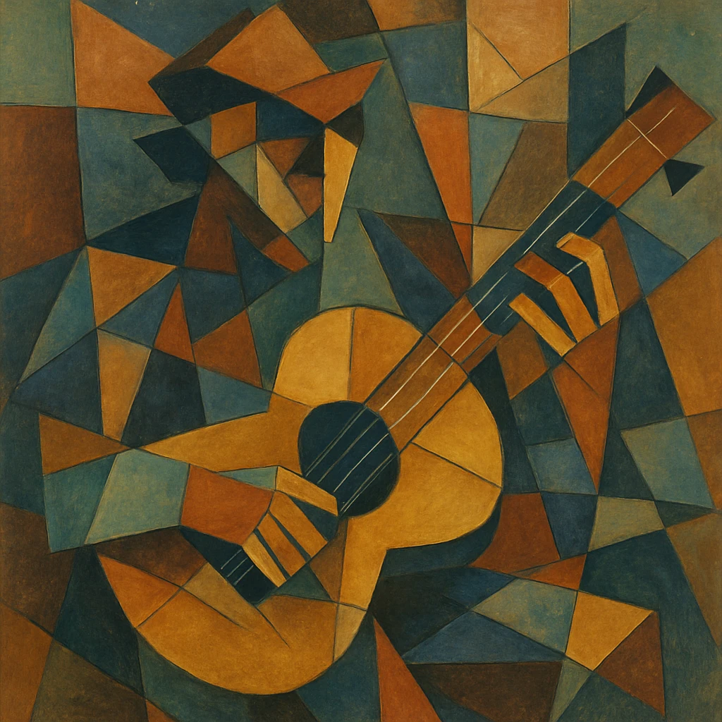 Musician playing a guitar with limbs and strings fractured into overlapping cubes and triangles.
 emoji