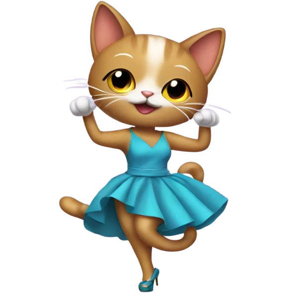 Cat with high heels dancing being silly with big hoop earrings and a dress emoji