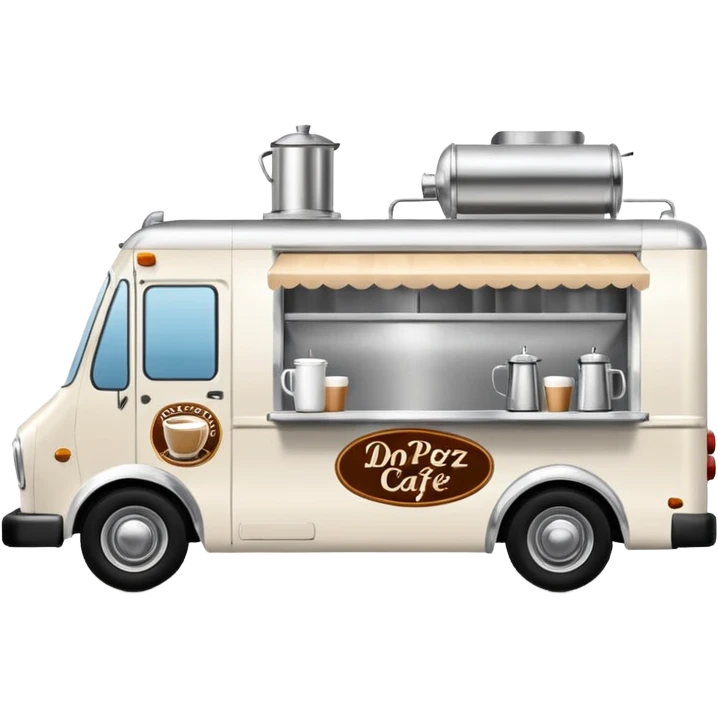 white coffee truck with don perez cafe sign emoji