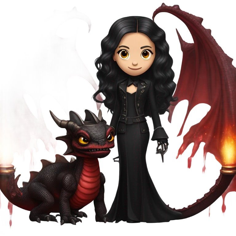 Lavish black evening gown with see-through gloves, Jenna Ortega as Addams girl Jedi wearing a steampunk mini tiara, very large blood red evil-looking horned old dragon emoji