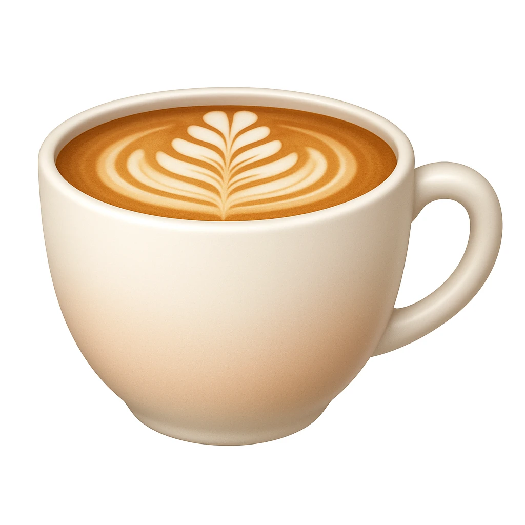 Create a cappuccino cup emoji exactly like the reference image but without the face. The cup should be white with latte art on top, smooth and shiny, with a slight blush added to the cup, in the style of iOS emojis. emoji