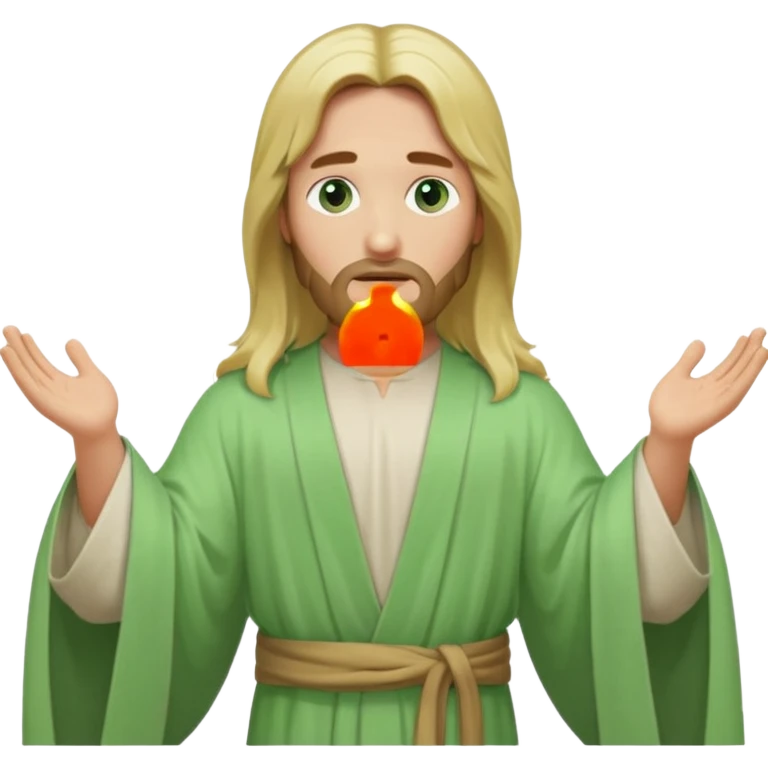 Jesus, green eyes, long blonde hair, light green wide, flowing outer robe. opening arms, gazing thoughtfully. Soft light, subtle fern. Waist-up, profile. emoji