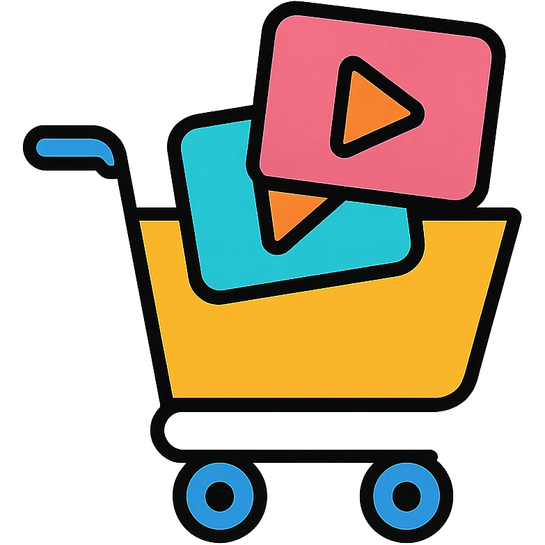 shopping cart with video player icons inside, color outline style emoji