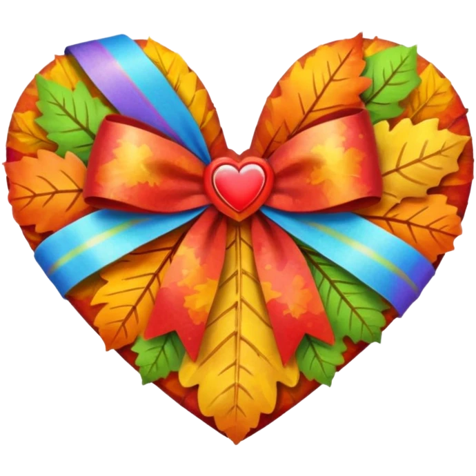 heart with autumn leaves, rainbow bow with heart pattern on the bow emoji