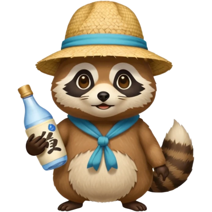japanese tanuki with straw hat and sake bottle emoji