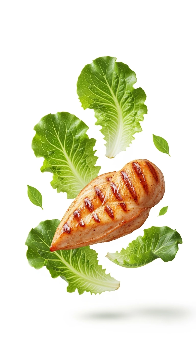 foglie di insalata fluttuano in aria insieme a petto di pollo grigliato, iperrealistico 4k, ISOLATA SU SFONDO BIANCO emoji