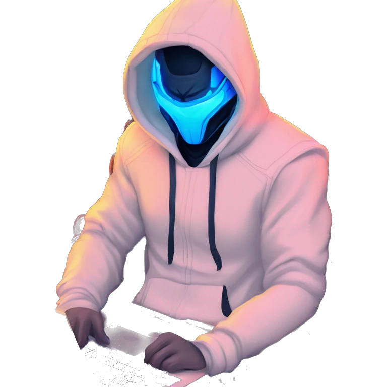 developer behind his laptop with this style : crysis Cyberpunk Riot Games Valorant neon glowing bright blue character blue black hooded assassin themed character emoji