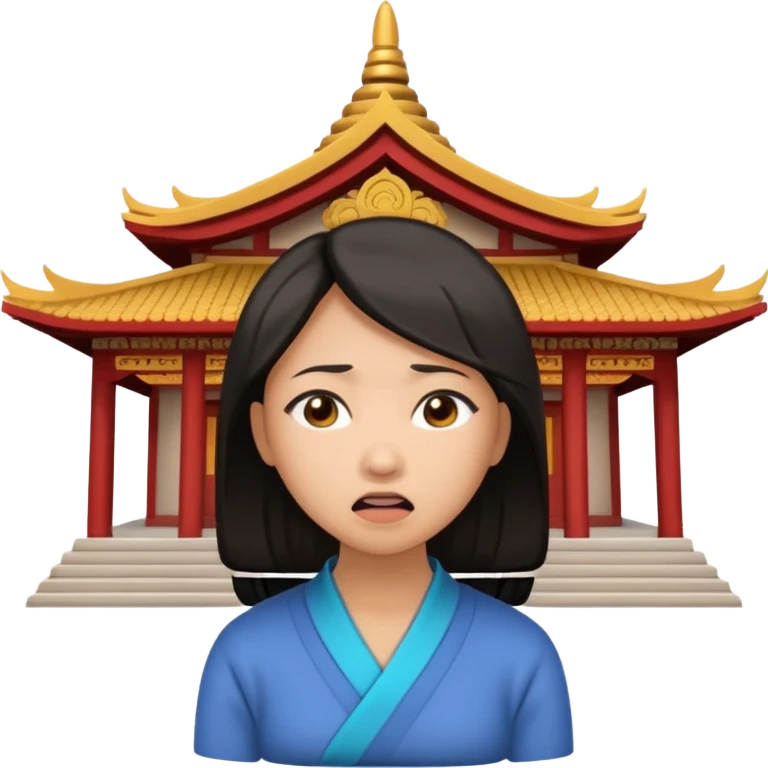 Asian woman agonizing over temple emoji