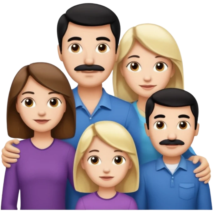Mom with brown hair. Dad with black hair and mustache. 2 sons with blonde hair. 1 daughter with blonde hair. emoji
