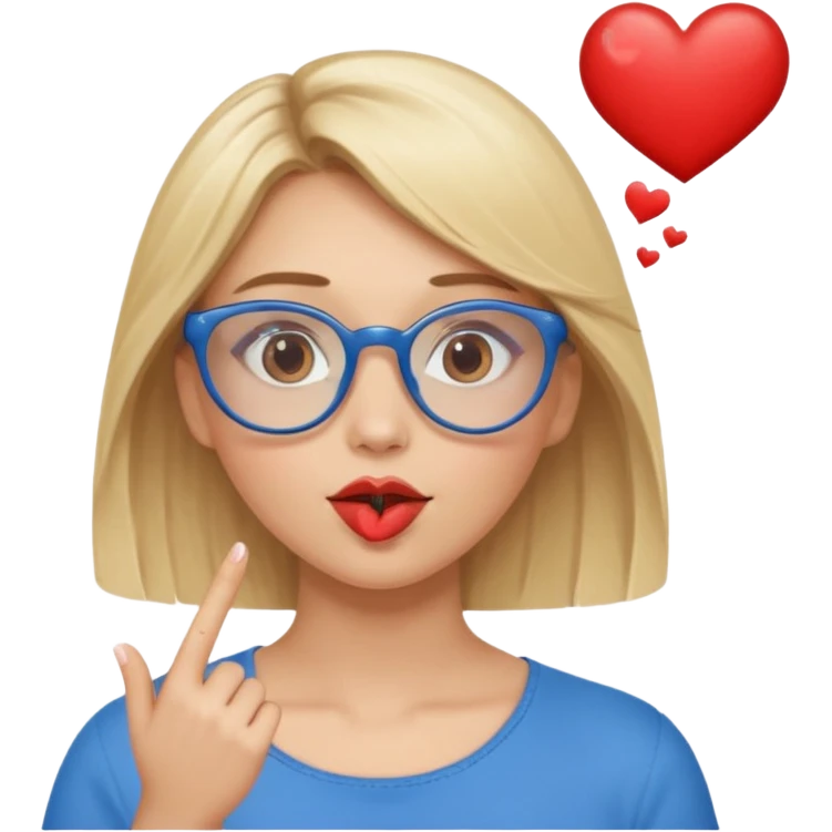 Blonde women with brown eyes, blue glasses, brown top, blowing a kiss with hearts around her.
 emoji