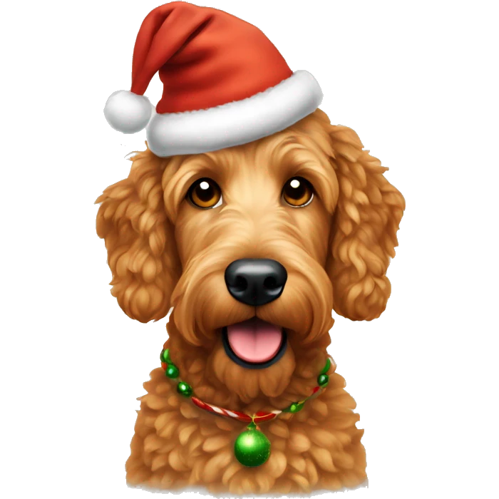 Golden Irish doodle dog wearing a Christmas hat emoji