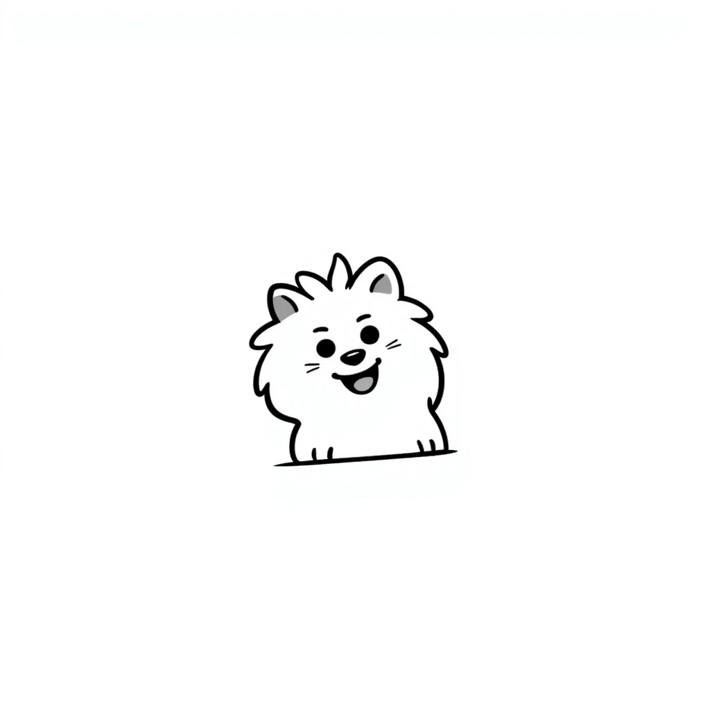 A hand-drawn doodle of a Pomeranian Spitz with a playful expression, in the style of Notion icons. emoji