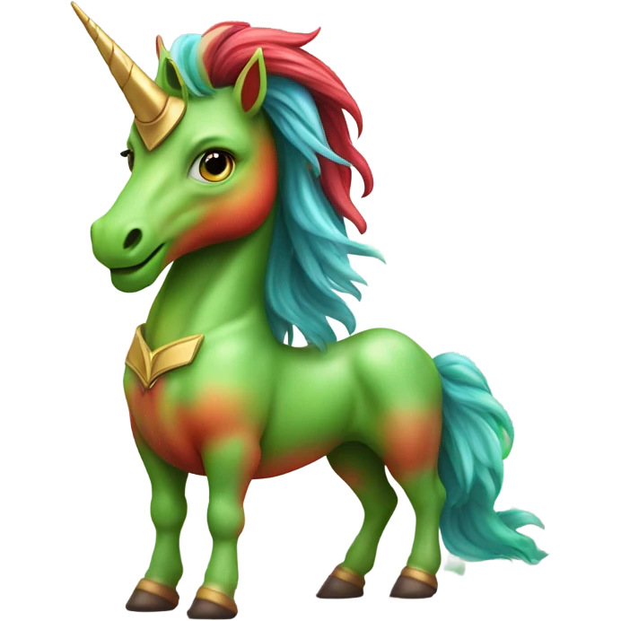 four-legged red unicorn a green amazon alien woman, on a unicorn emoji