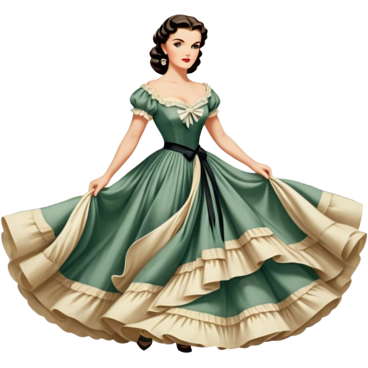 Icon for Romance Movie: A vintage movie poster-style design inspired by Gone with the Wind. Include romantic, sweeping imagery like Scarlett O'Hara in a flowing dress, Rhett Butler, a plantation backdrop, and fluttering wind-blown fabric. Soft, nostalgic cinematic feel. Transparent background. emoji