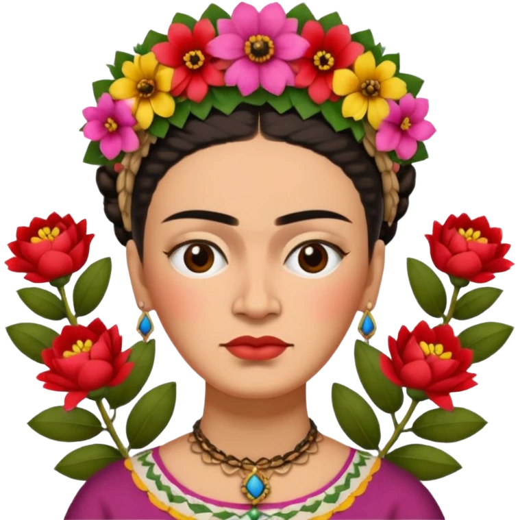 Frida Kahlo with iconic unibrow and flower crown emoji