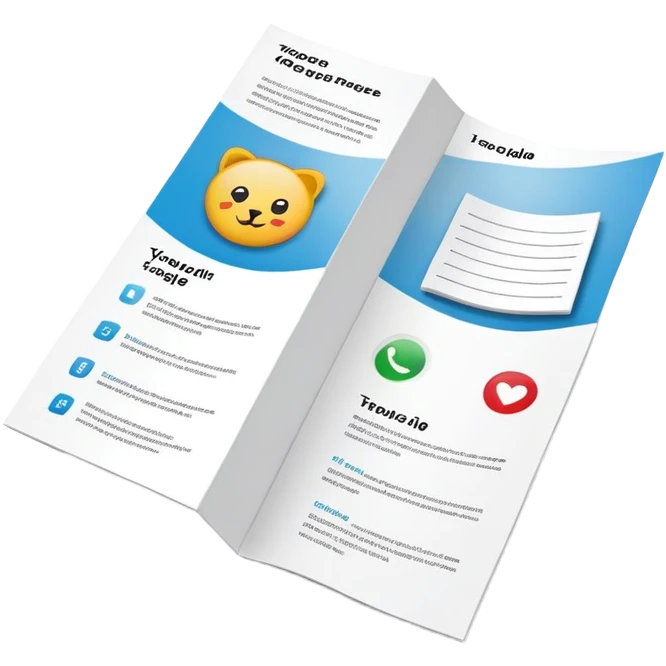 tri-fold brochure opened, with simple layout lines and image placeholders. emoji