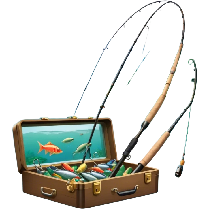 Icon for Fishing Travel: a fishing rod, tackle box and a boat on a calm lake surrounded by mountains and lush greenery, with fish jumping out of the water. The icon should capture the peaceful and adventurous nature of fishing trips. Transparent background. emoji