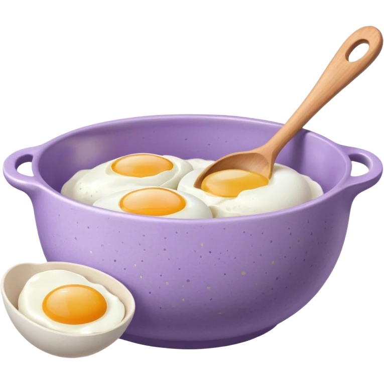 a lilac ceramic mixing bowl with a wooden spoon stirring and sitting next to it is a few eggs emoji