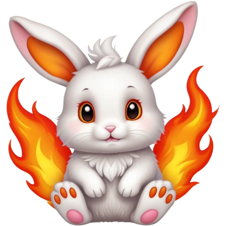 Cute bunny rabbit with flame paws, fiery feet, adorable face emoji