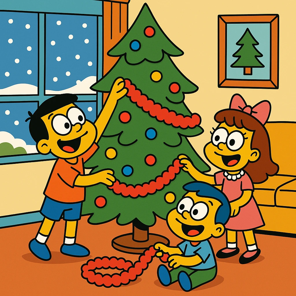 little children decorating a Christmas tree in the living room with tinsel. It's snowing outside the window emoji