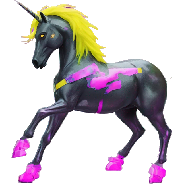 .Zombie_ Vaporwave black holographic oilslick zombie unicorn yellow caution tape graffiti Pegasus with  prosthetic leg  emoji