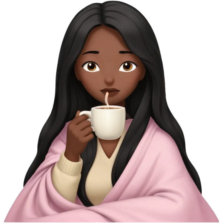 Black long hair lady  with black skin inside a beige and light pink blanket sipping coffe with eyes closed  emoji