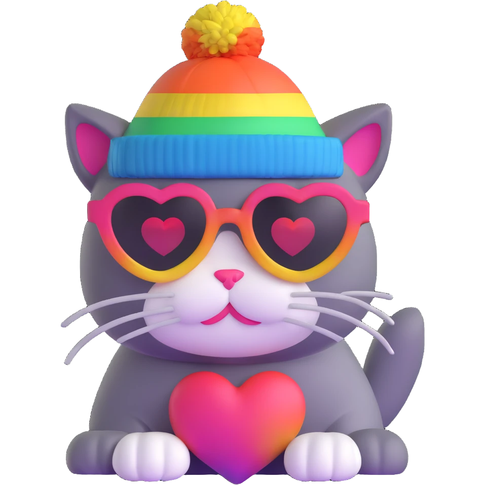 cat wearing a rainbow beanie and heart-shaped sunglasses emoji