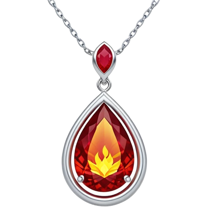 phoenix teardrop ruby pendant, deep red core with yellow ember edges, floating silver chain, pulsing rebirth glow emoji