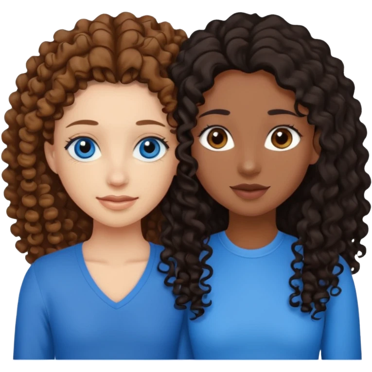 Two best friends .bestie 1: beige skin with brown long hair and blue eye. Bestie 2:mixed race skin with curly black hair and brown eye emoji