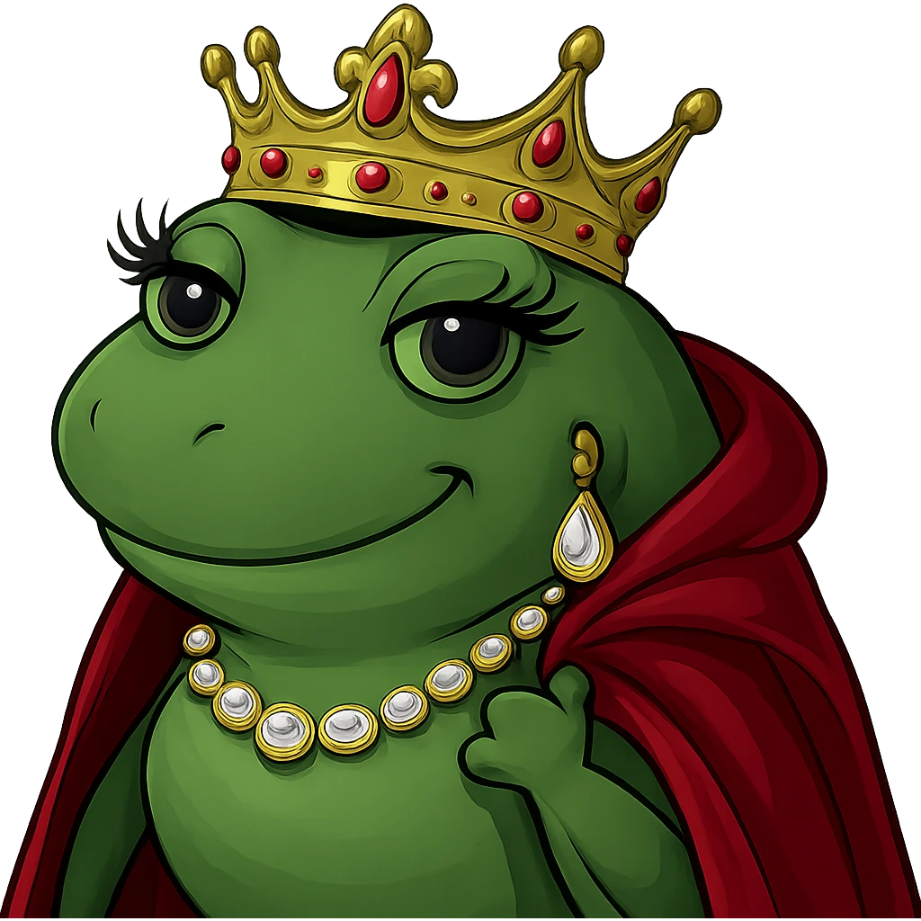 Make the drama queen frog more glamorous by adding sparkling gold jewelry, a jeweled crown, dramatic eyelashes, and a luxurious cape. Keep the bufo meme style with no background. emoji