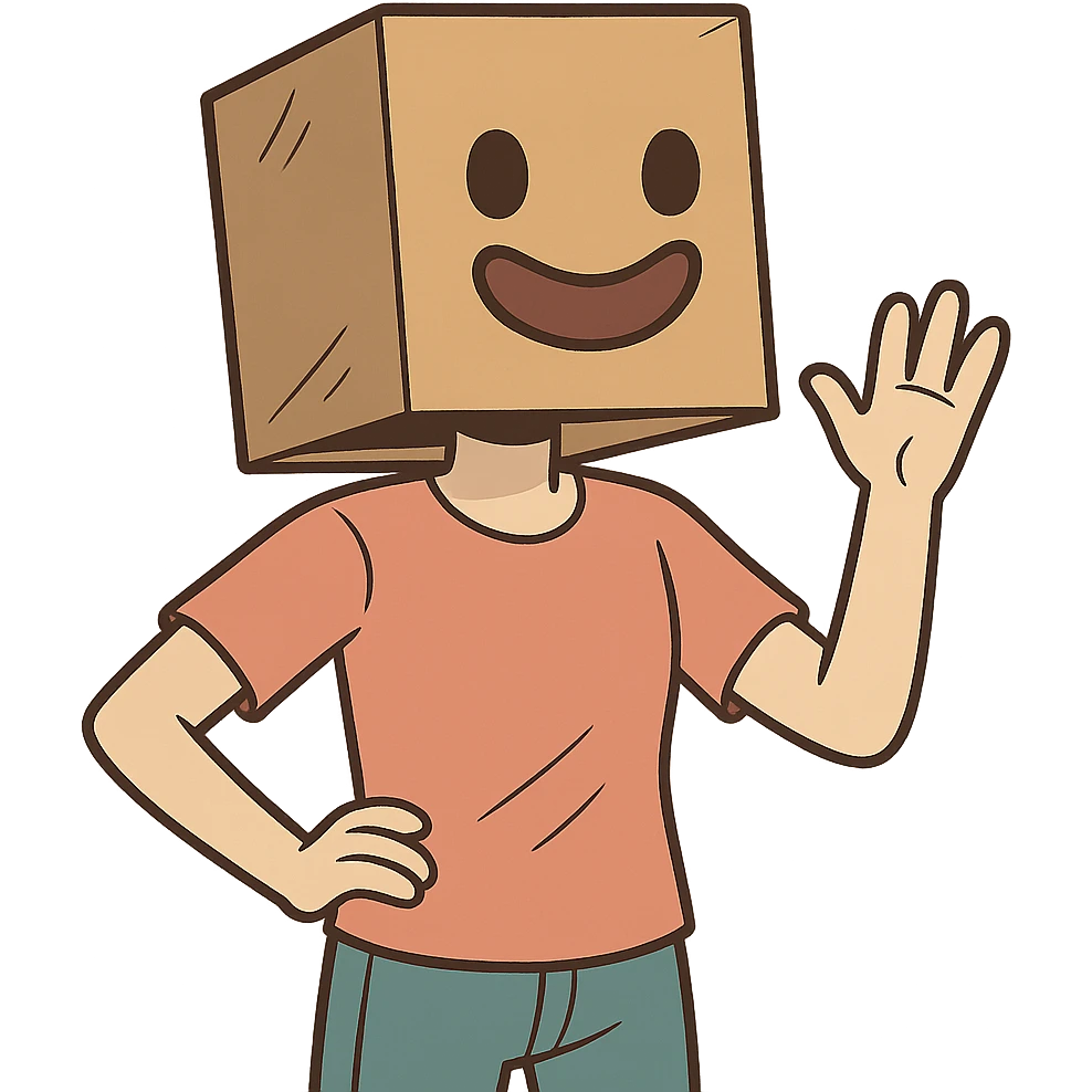 a person with a box on their head, the box has a big adorable smile, fun and whimsical style emoji