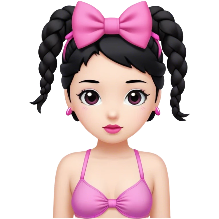 black hair with one braid in right shoulder, black eyes, pink lips, wearing one pink bow on left top of her head and white swimsuit emoji