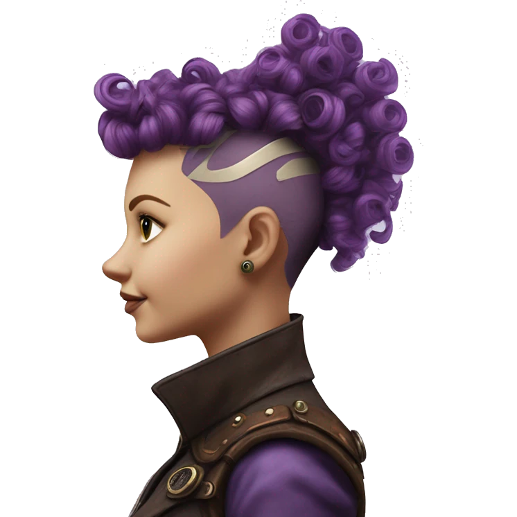 Photorealistic steampunk profile short mohawk purple  curl on Caucasian girl with small nose round face emoji