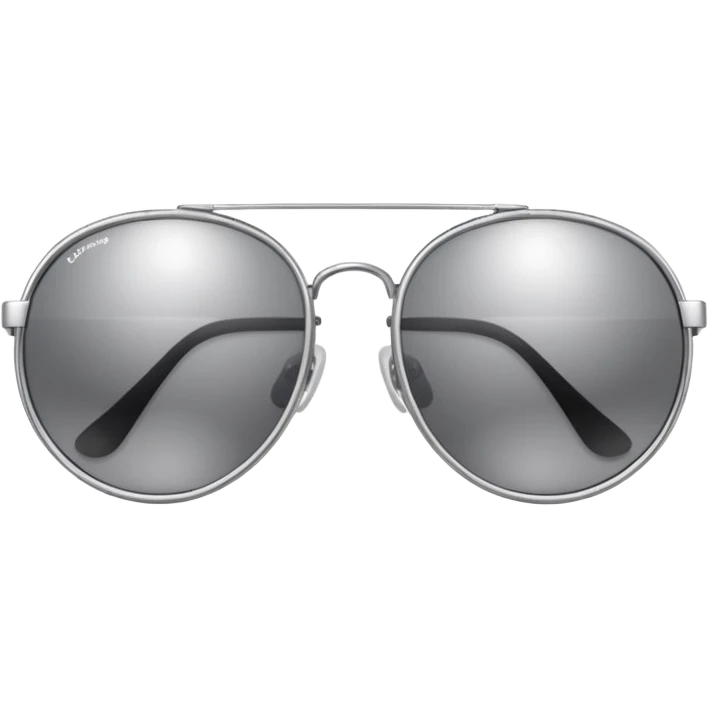 A pair of luxury sunglasses emoji with silver chrome frame, smooth rounded lenses, reflective metallic surface, high-end swag aesthetic, minimal and clean design, iOS emoji style, centered, white background emoji