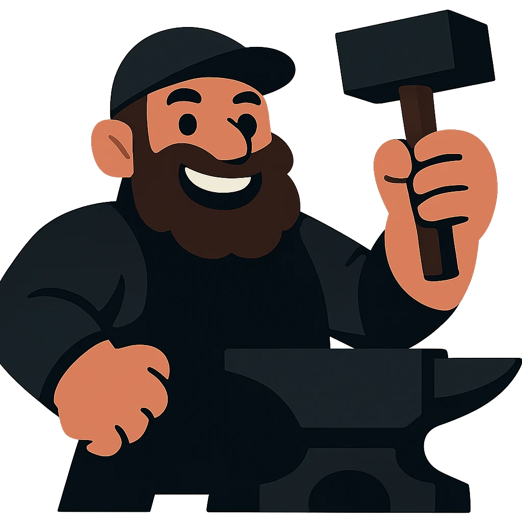 Create a Discord emoji of a cartoony blacksmith wearing medieval black clothing. Keep the style vibrant and suitable for Discord emoji with a transparent background. emoji