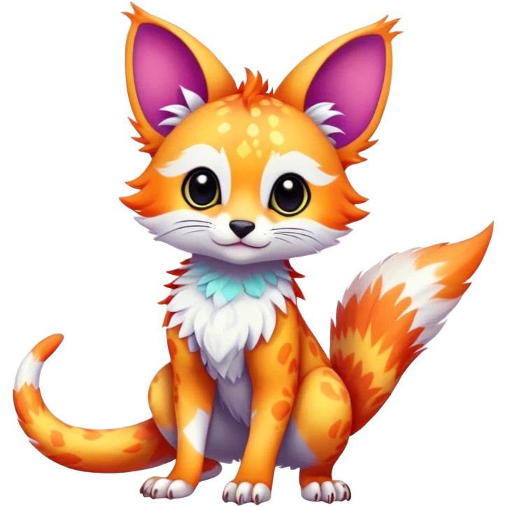 Feral Rare Fantasy vibrant colorful tropical cute, kawaii, cool, ed Vernid-Trico-species by LiLaiRa, random markings, tufted tail, tufted ears, full body, cheek markings emoji