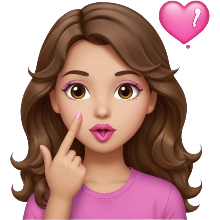 girl with long wavy brown hair, brown eyes, light to medium complexion, in a pink shirt, pink lips, long lashes, blowing a kiss emoji