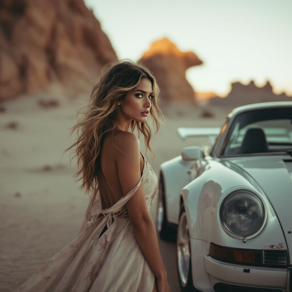 Cinematic still of a woman next to  porsche 911 on desert emoji